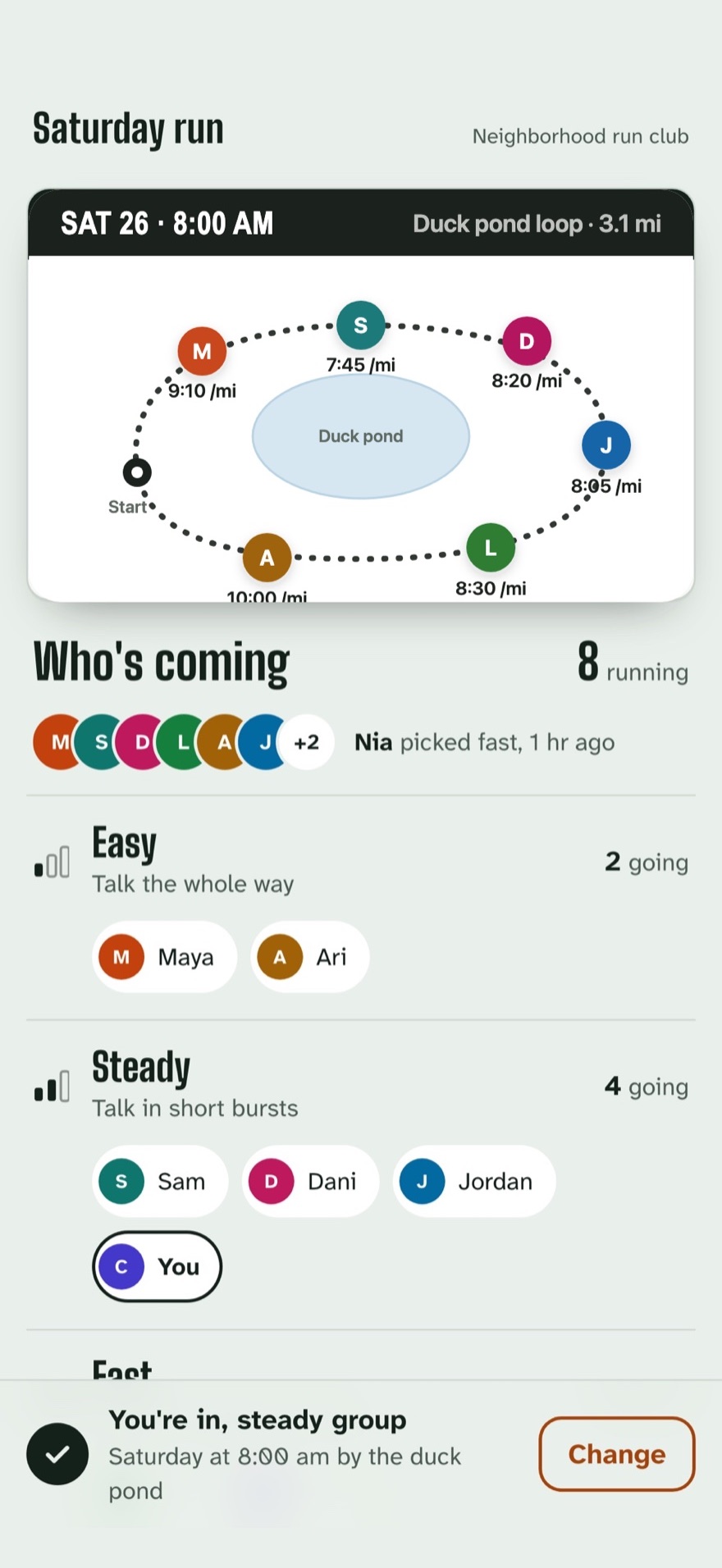 Saturday run, a run club app with the route and who's coming