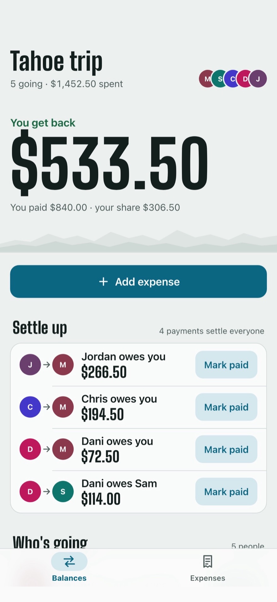 Tahoe trip, a cost-splitting app